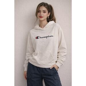 Champion Spellout Hoodie Womens Sz M 100% Cotton Lightweight Logo Pullover White